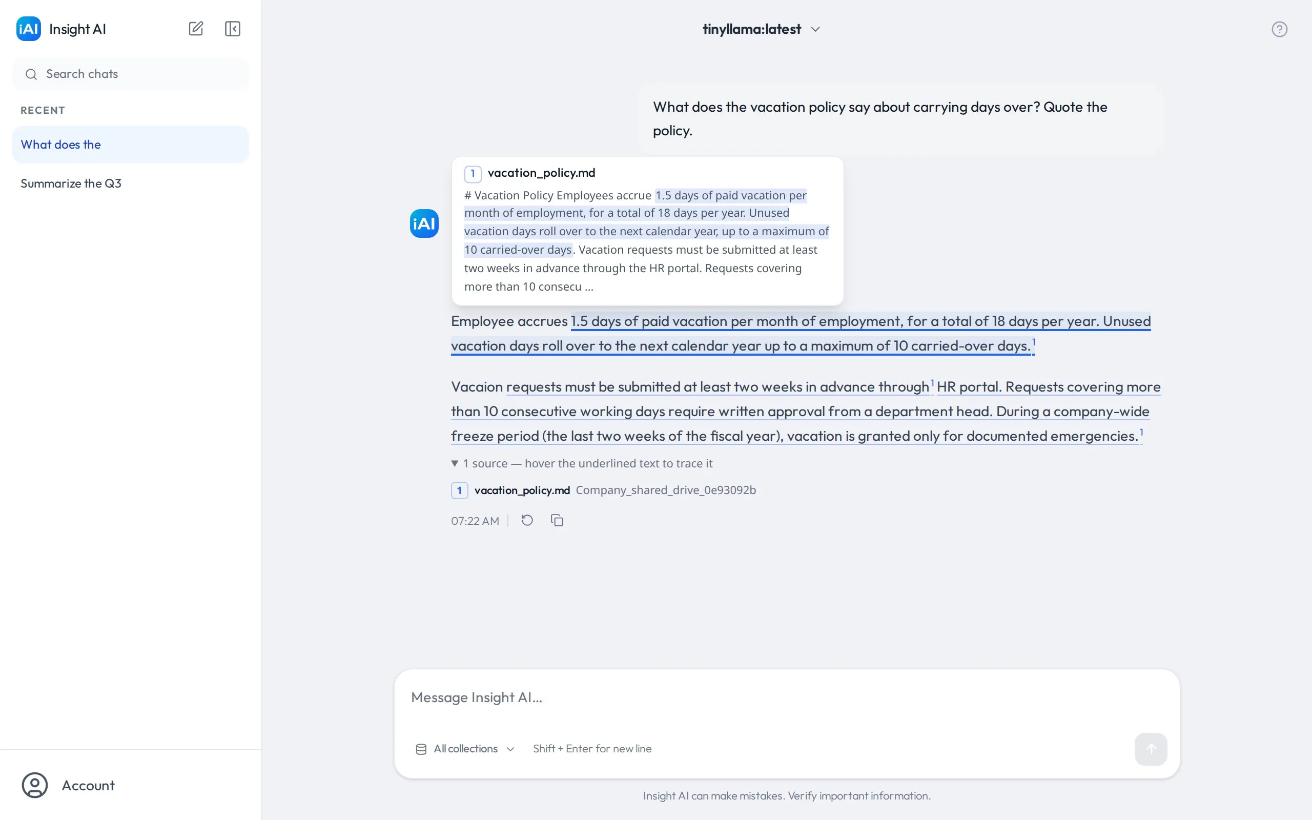 A conversation where the answer draws on an ingested vacation policy document, with source passages underlined and the source list expanded below the reply