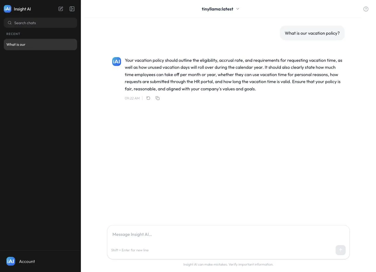 A conversation where the answer draws on an ingested vacation policy document; hovering the response reveals its timestamp, Regenerate, and Copy actions