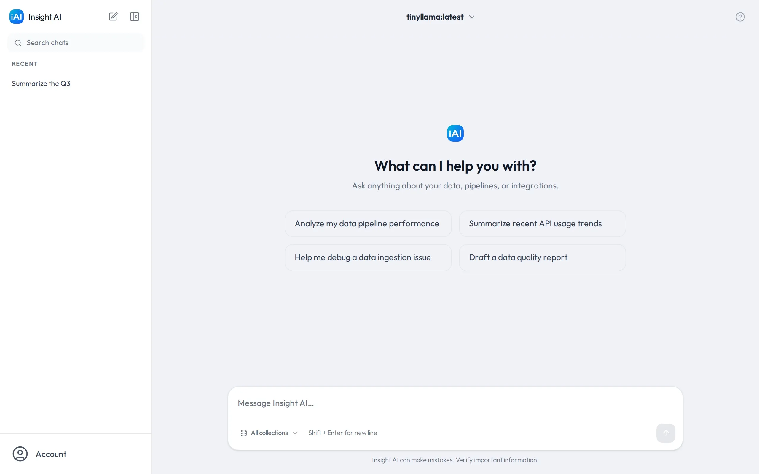 A new chat: the “What can I help you with?” screen with suggestion cards, the model selector at the top, and the message input below