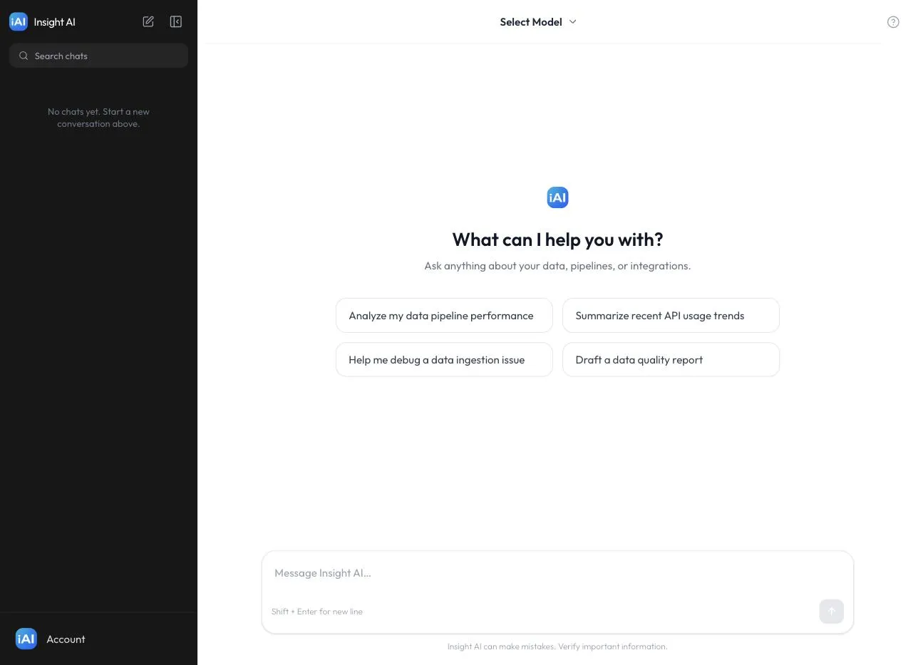 A new chat: the “What can I help you with?” screen with suggestion cards, the model selector at the top, and the message input below