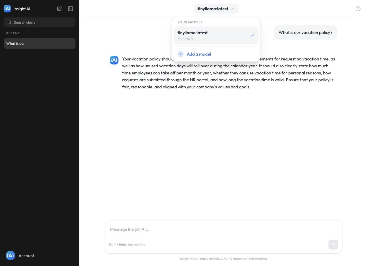The model selector dropdown open at the top of the chat, listing Your Models with speeds and an “Add a model” option