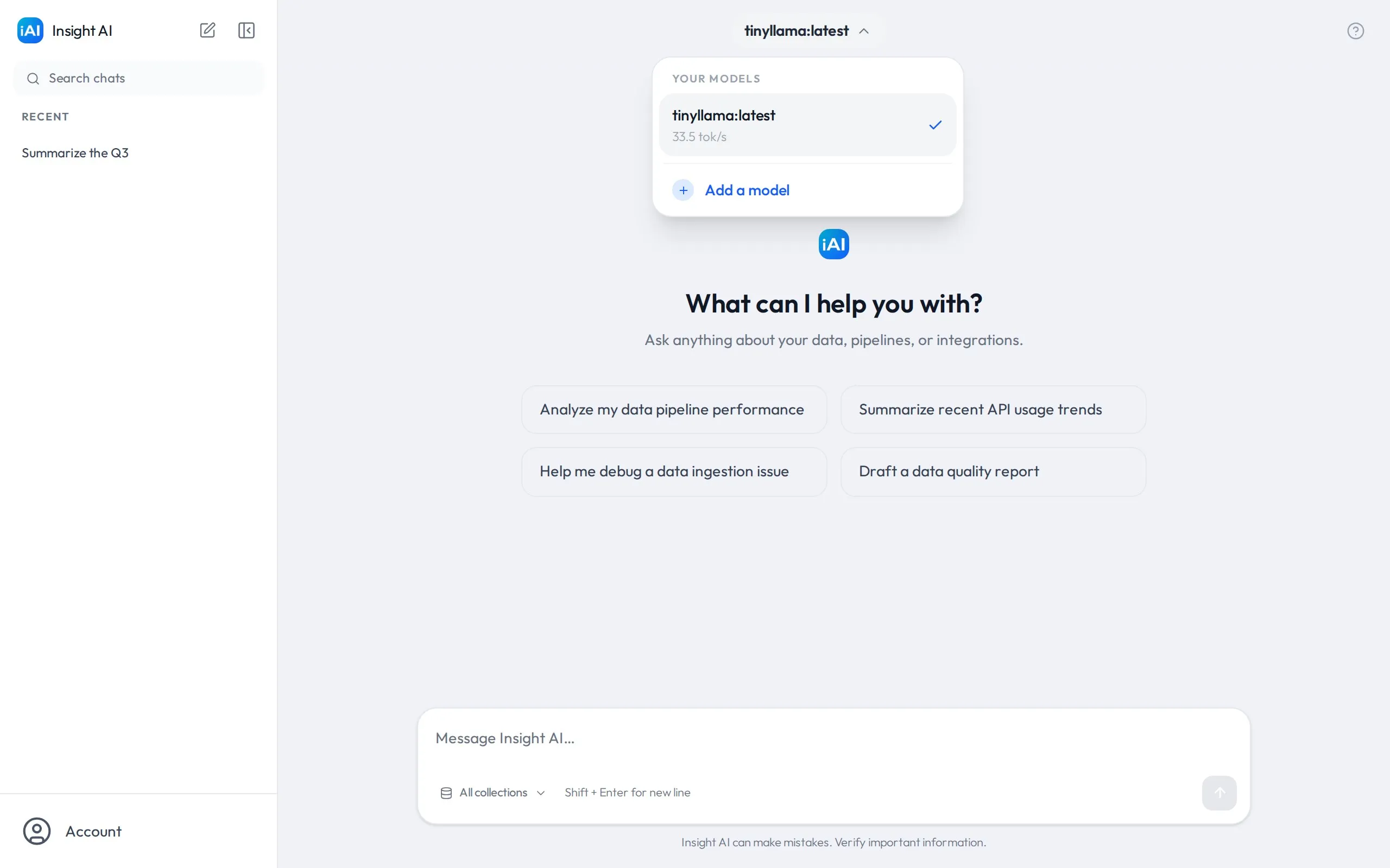The model selector dropdown open at the top of the chat, listing Your Models with speeds and an “Add a model” option