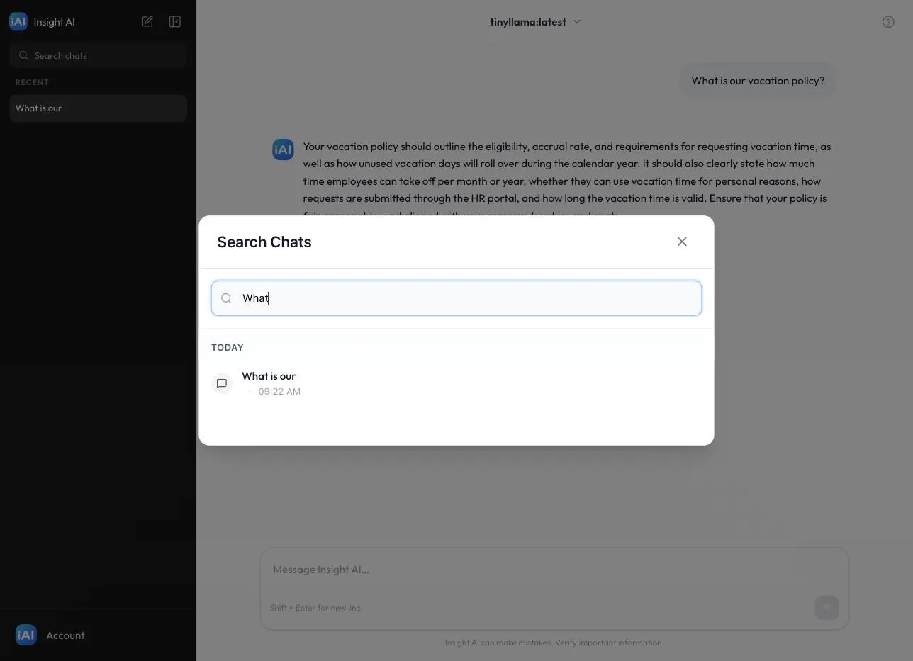 The Search Chats window with a search term entered and a matching conversation grouped under Today