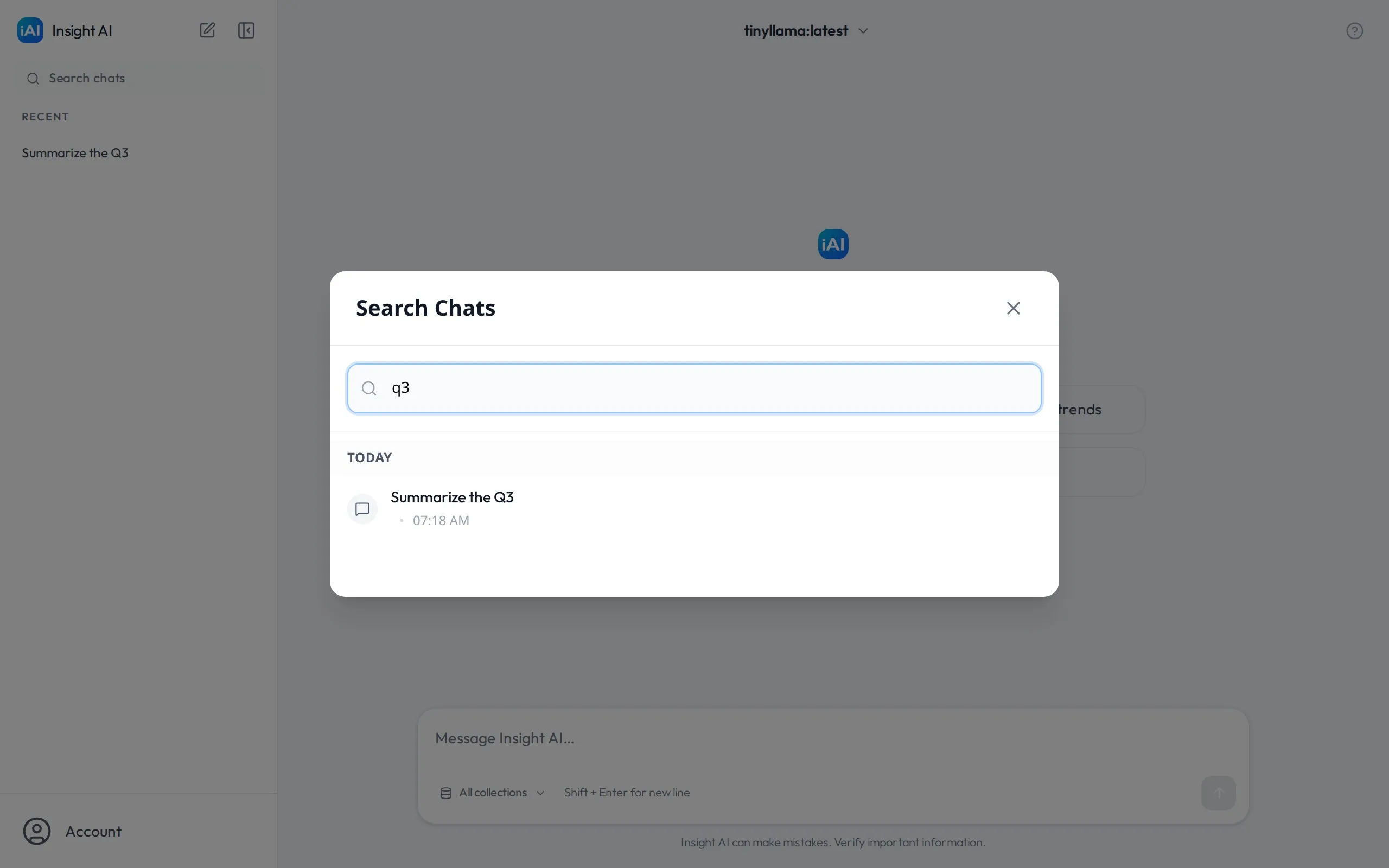 The Search Chats window with a search term entered and a matching conversation grouped under Today