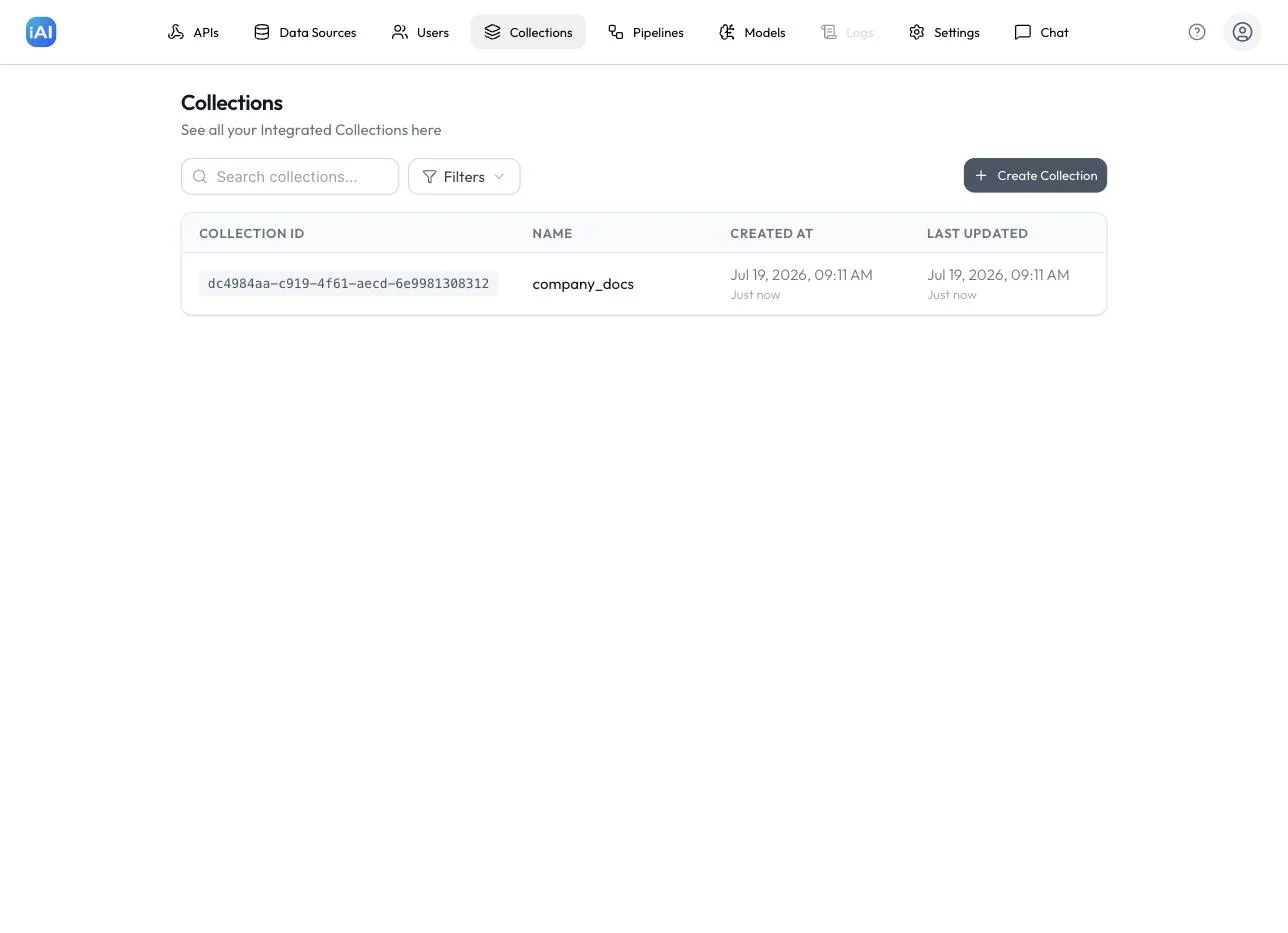 The Collections page listing a collection with its ID, name, and created/updated timestamps