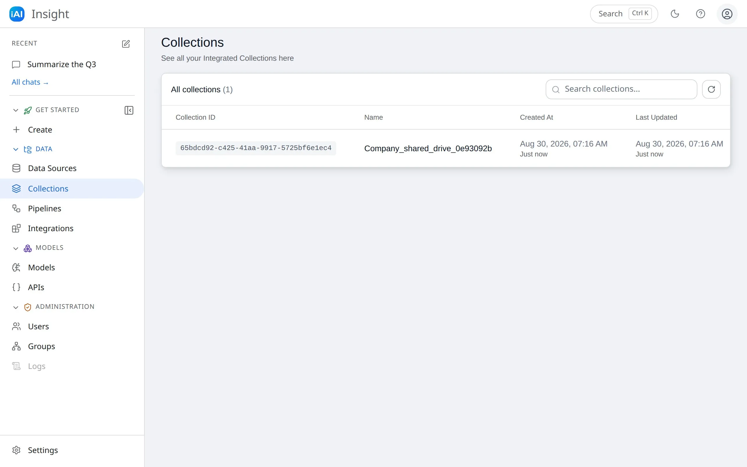 The Collections page listing a collection with its ID, name, and created/updated timestamps