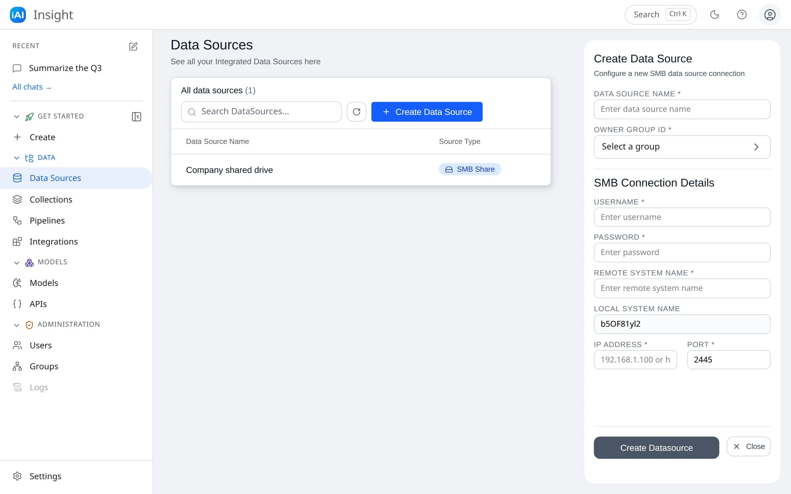 The Create Data Source panel with the SMB Connection Details fields