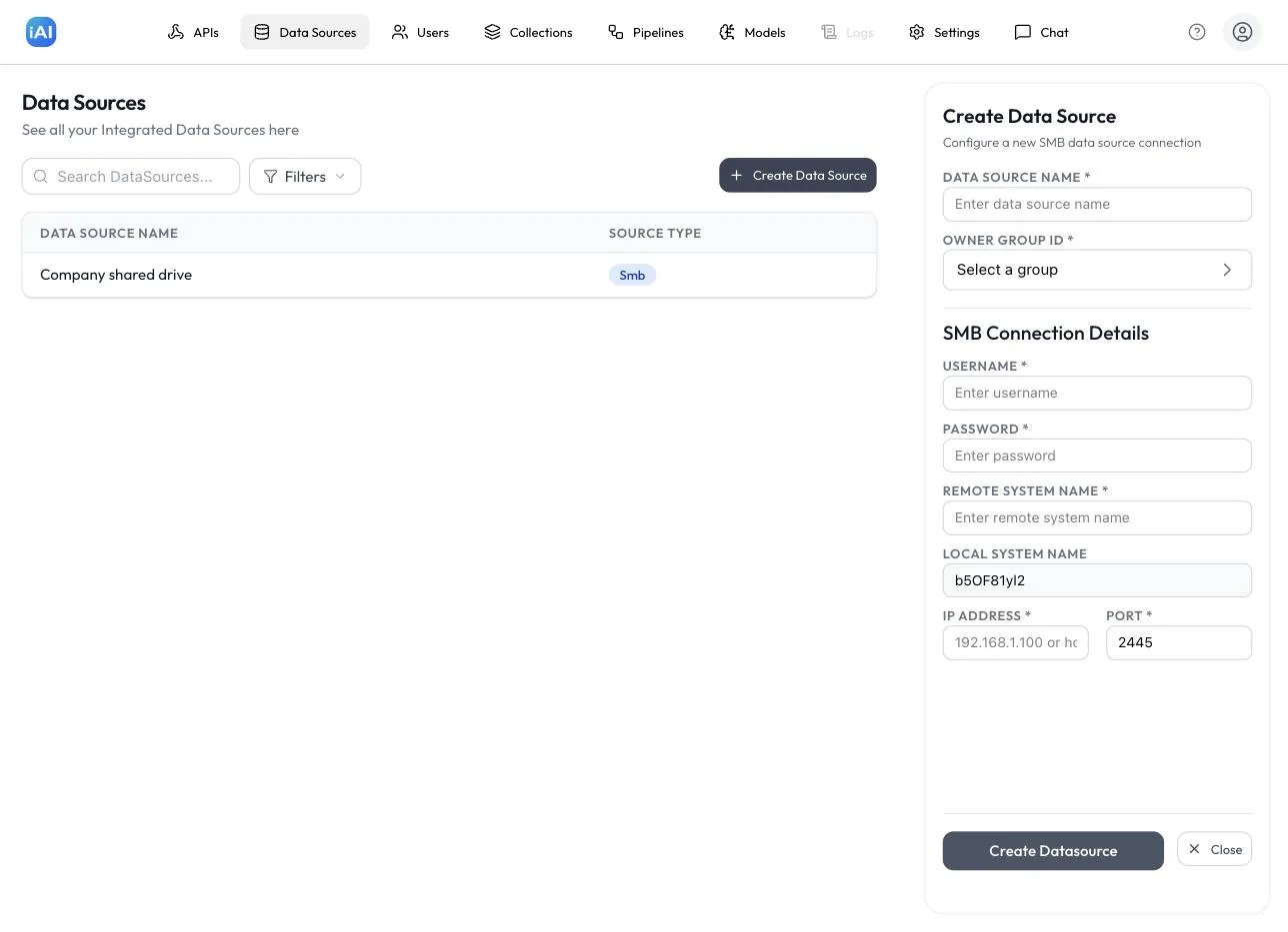 The Create Data Source panel with the SMB Connection Details fields