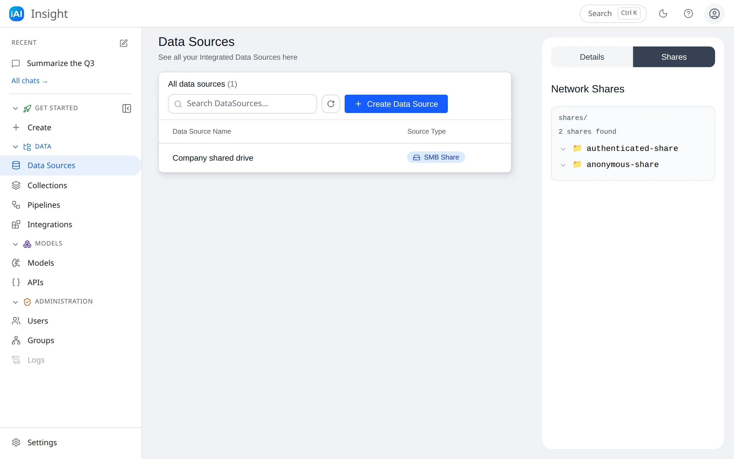 The Shares tab of a data source showing the Network Shares tree with the discovered shares