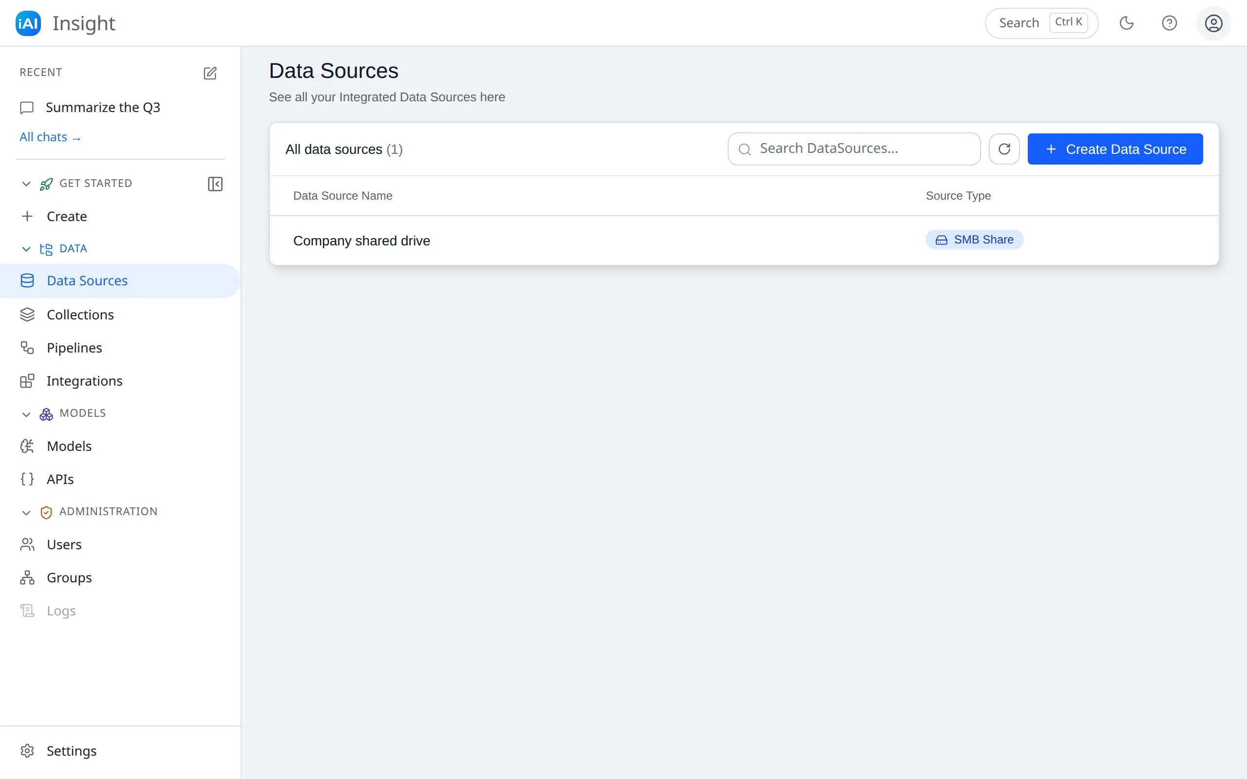 The Insight AI dashboard with the left sidebar showing the Get started, Data, Models, and Administration groups, and the Data Sources page open