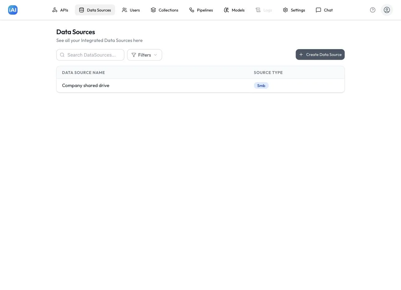 The Insight AI dashboard, with the top navigation bar (APIs, Data Sources, Users, Collections, Pipelines, Models, Logs, Settings, Chat) and the Data Sources page open