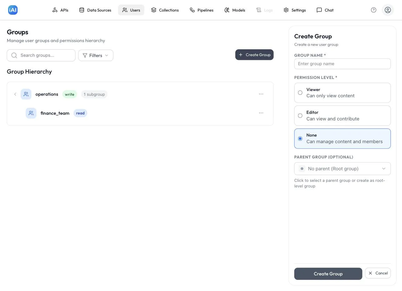 The Create Group panel with the Group Name field, the Viewer/Editor/None permission cards, and the optional Parent Group selector