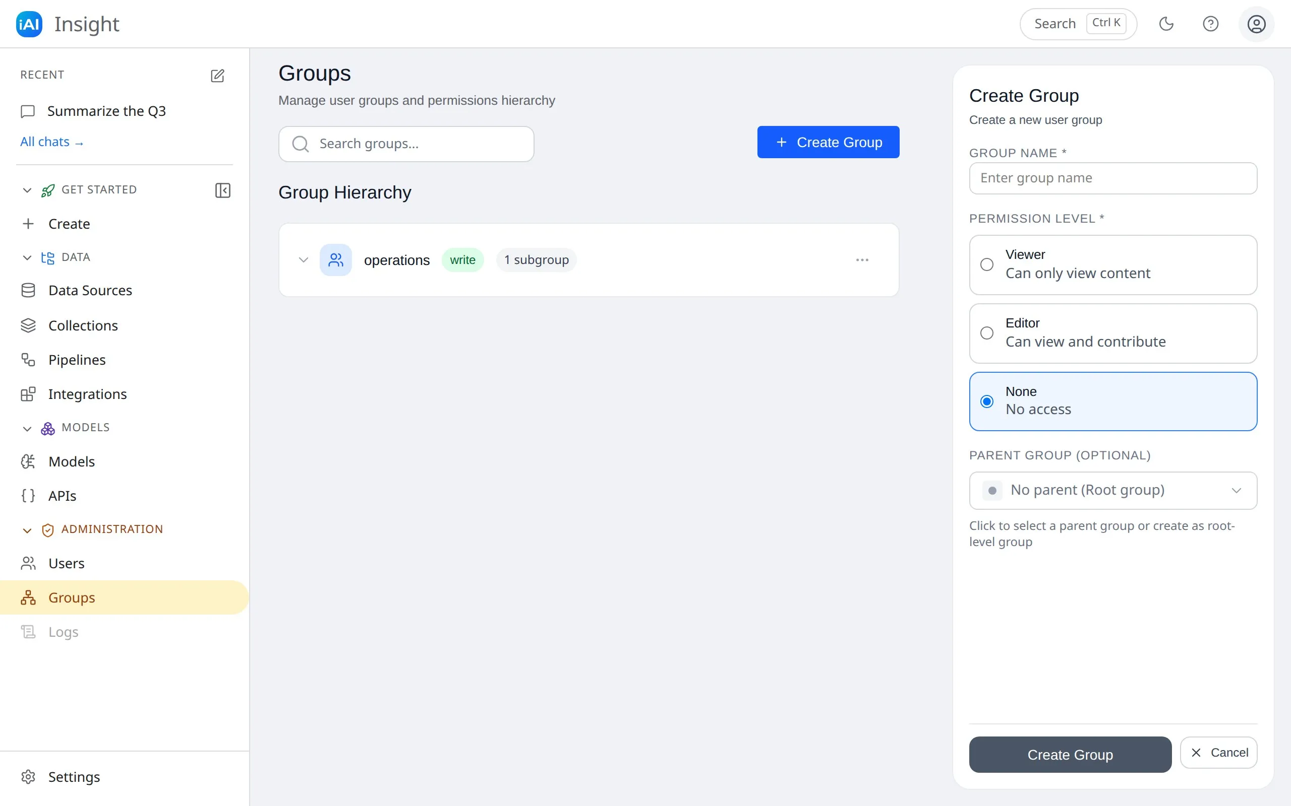 The Create Group panel with the Group Name field, the Viewer/Editor/None permission cards, and the optional Parent Group selector
