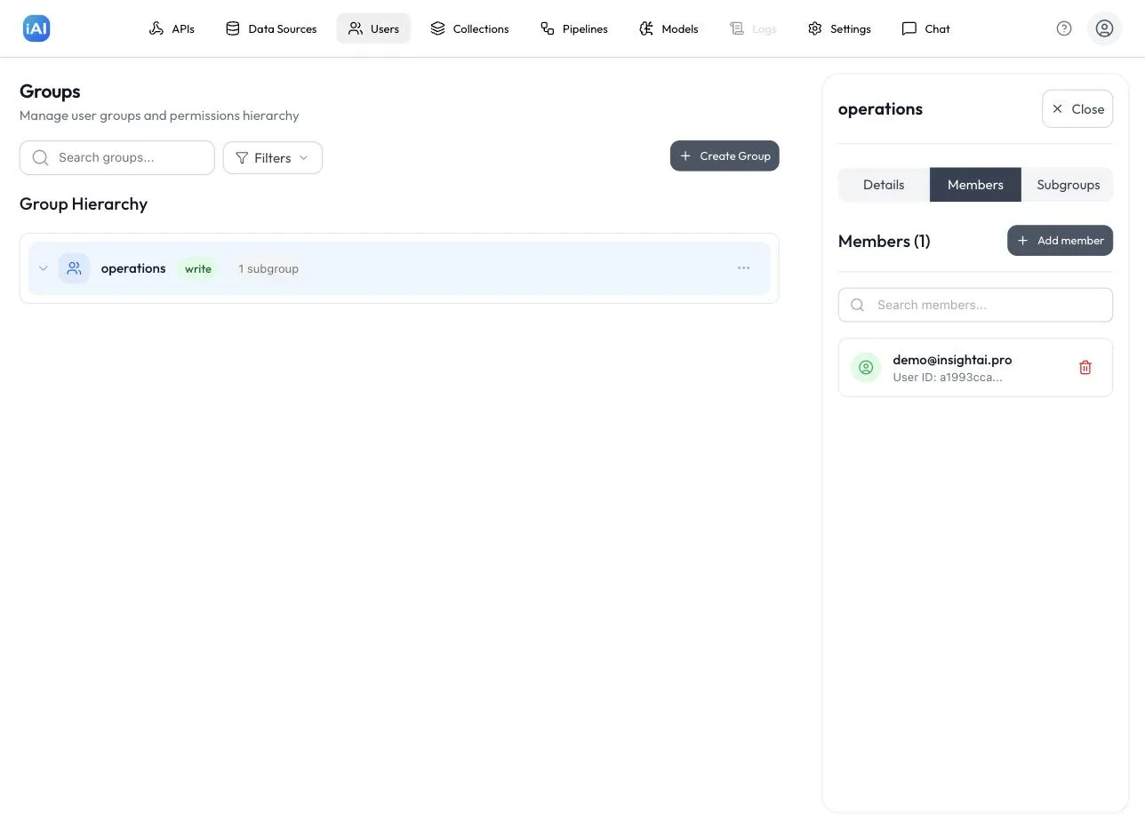 A group’s Members tab listing a member by email with a remove button, and the Add member button above