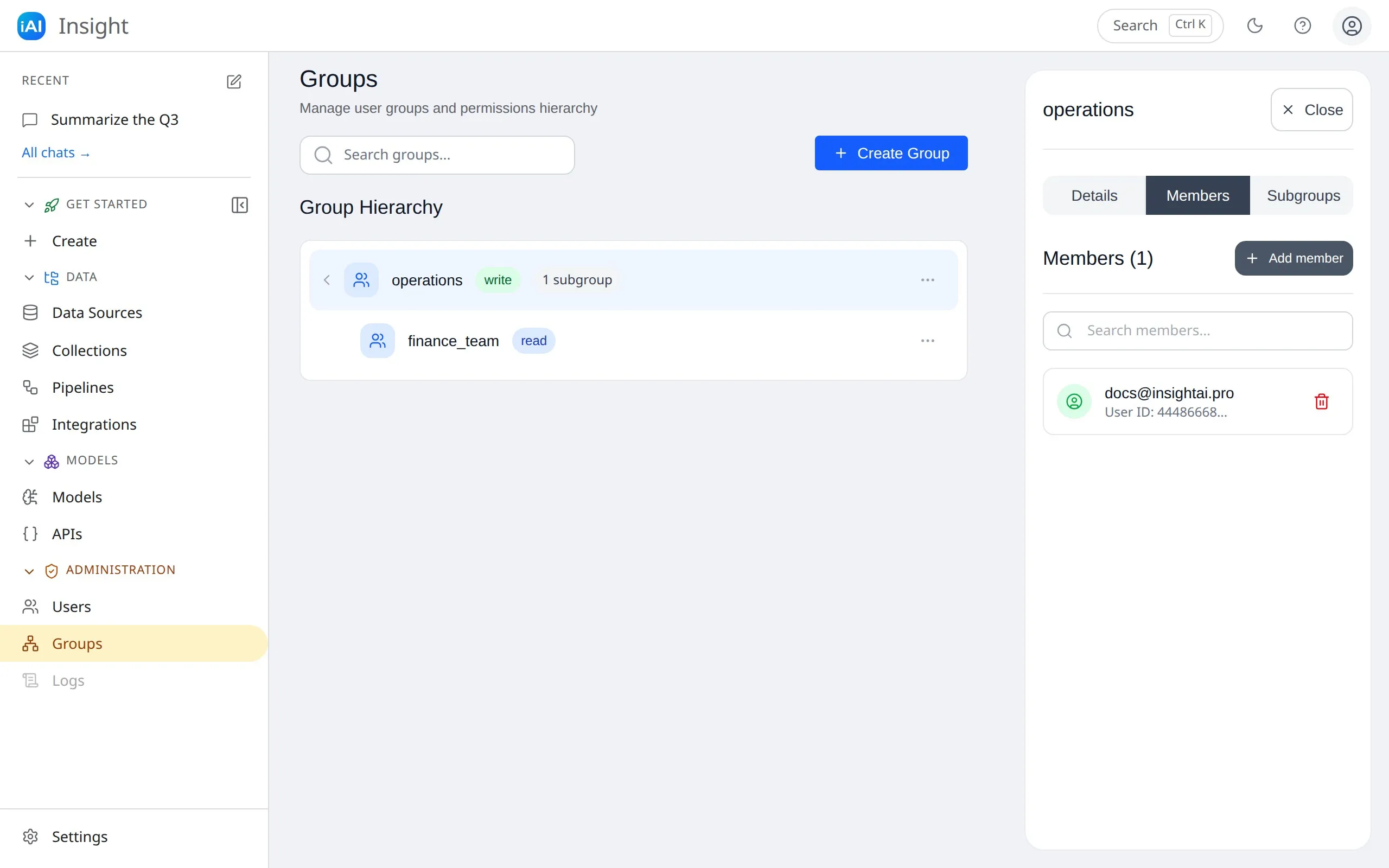 A group’s Members tab listing a member by email with a remove button, and the Add member button above