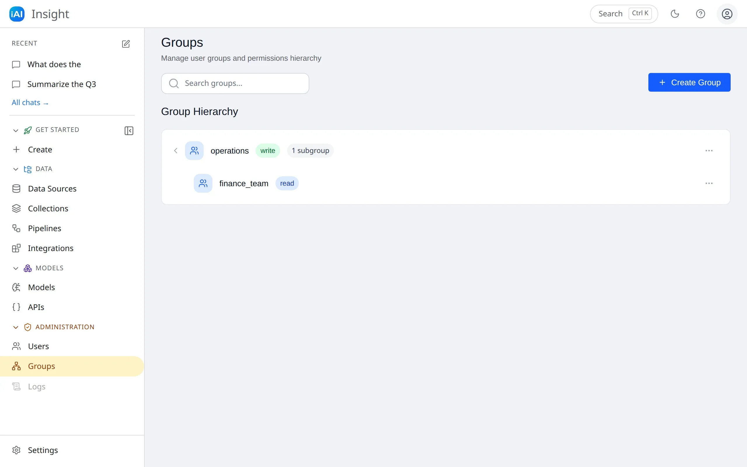 The Groups page showing a hierarchy: an “operations” group with a “finance_team” subgroup, each with a permission badge