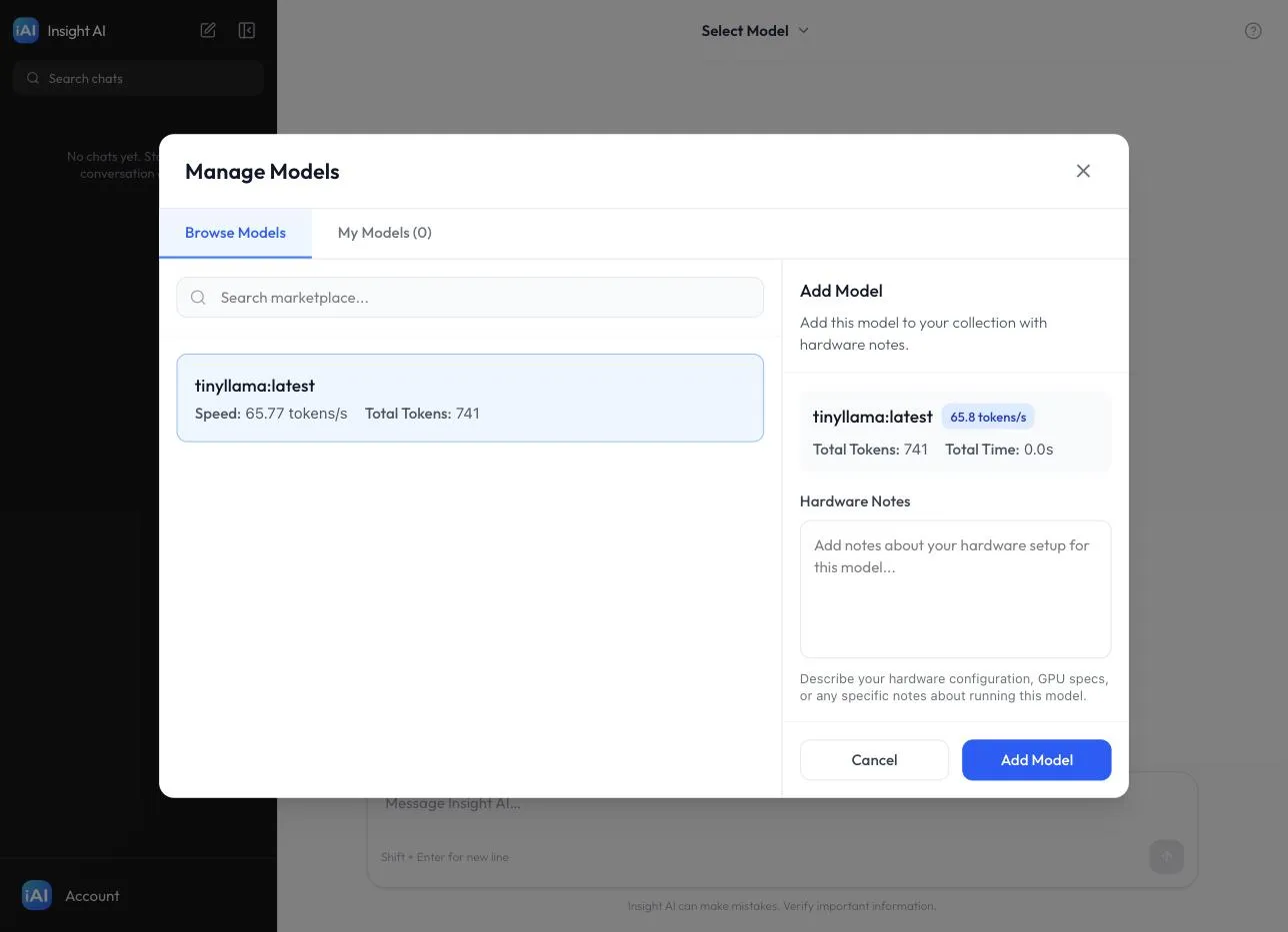 The Manage Models window: the Browse Models tab with a model selected, and the Add Model panel with the Hardware Notes field