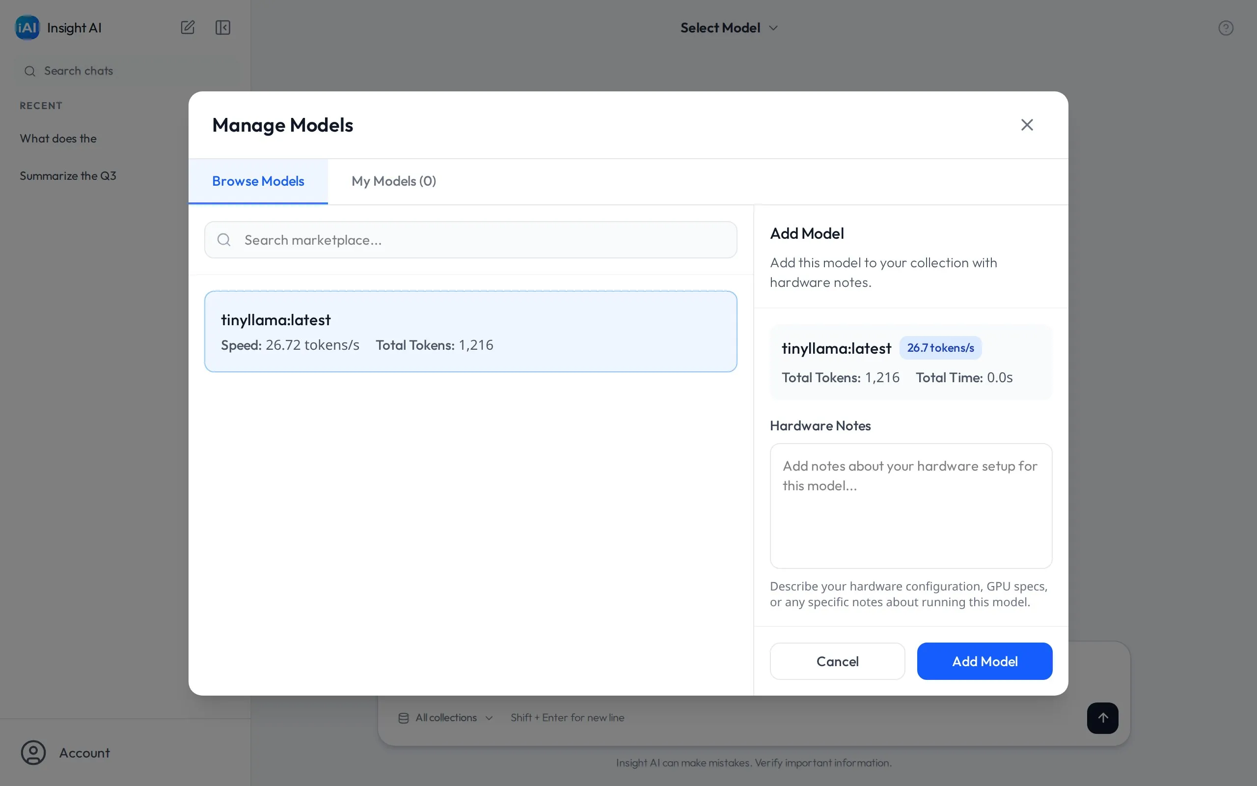 The Manage Models window: the Browse Models tab with a model selected, and the Add Model panel with the Hardware Notes field