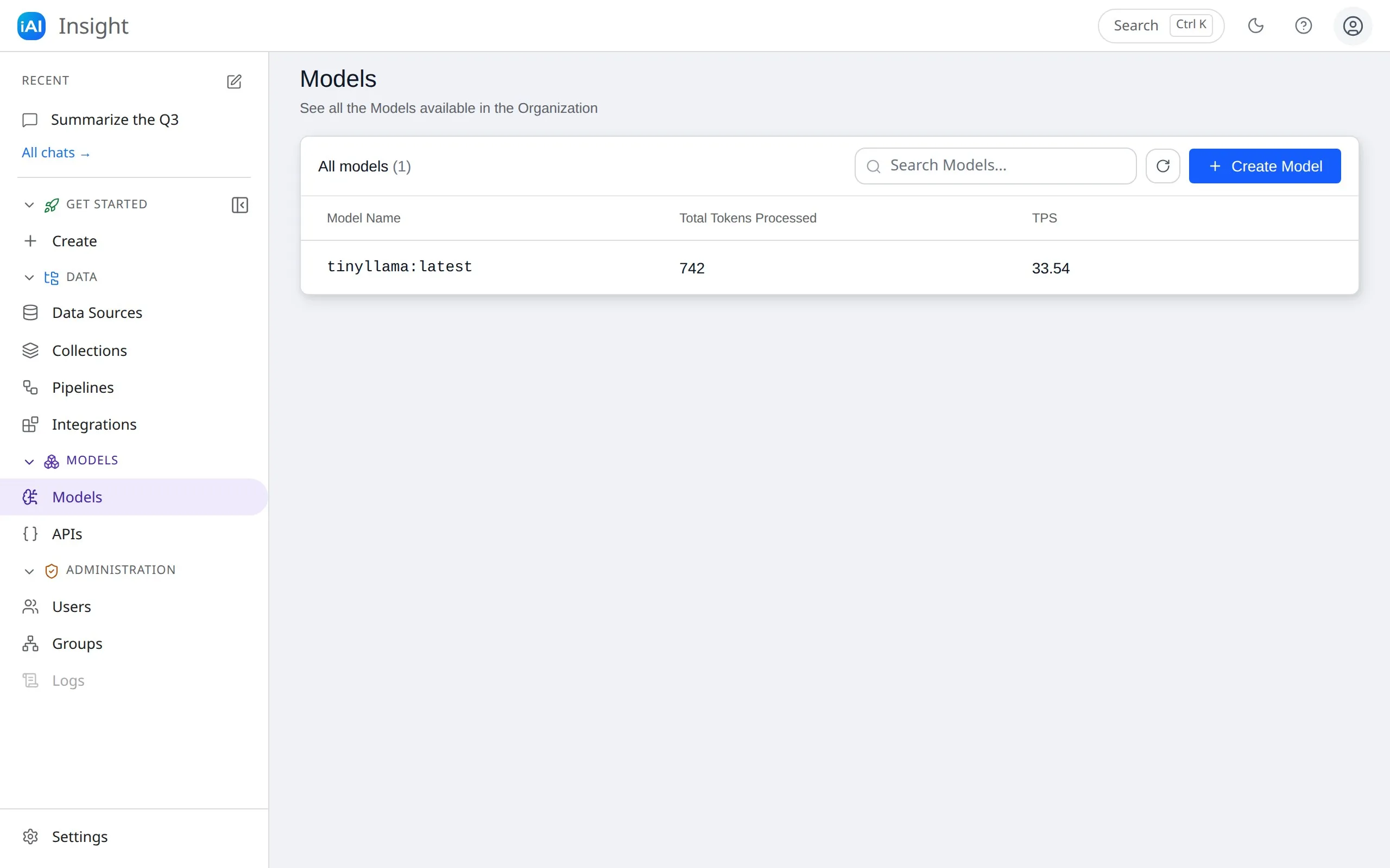 The Models page listing an organization model with its total tokens processed and benchmarked speed