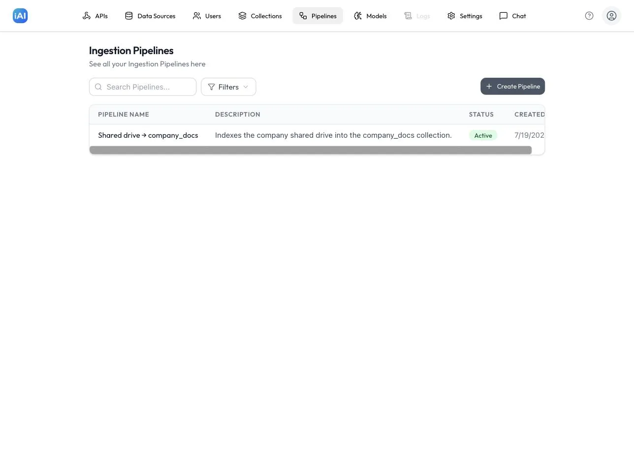 The Ingestion Pipelines page with a pipeline showing the green Active status badge