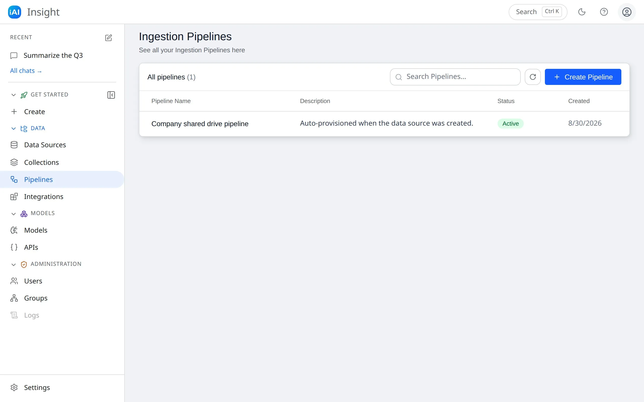 The Ingestion Pipelines page with a pipeline showing the green Active status badge