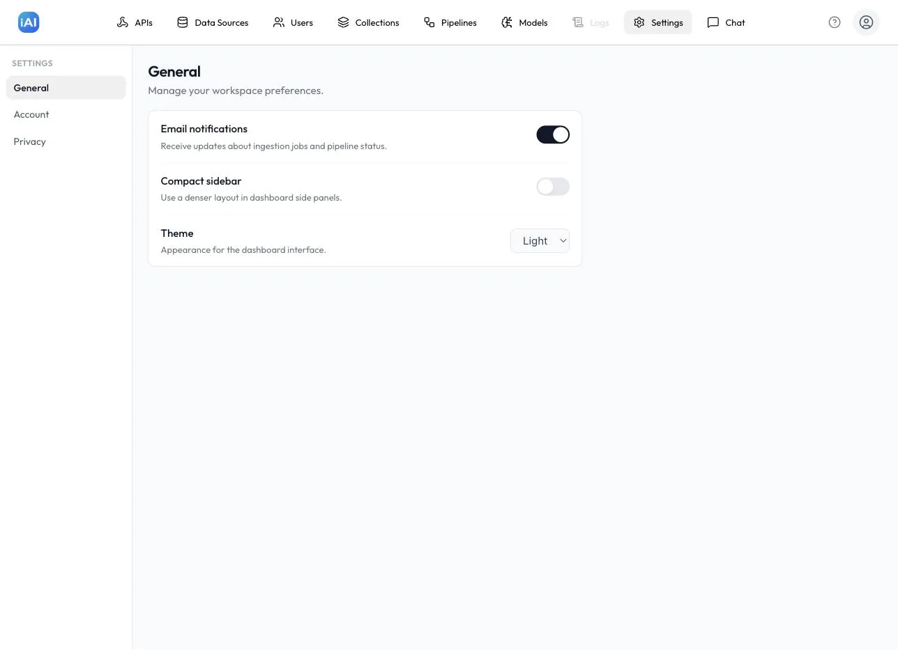 The Settings page on the General section, with toggles for Email notifications and Compact sidebar, and the Theme selector