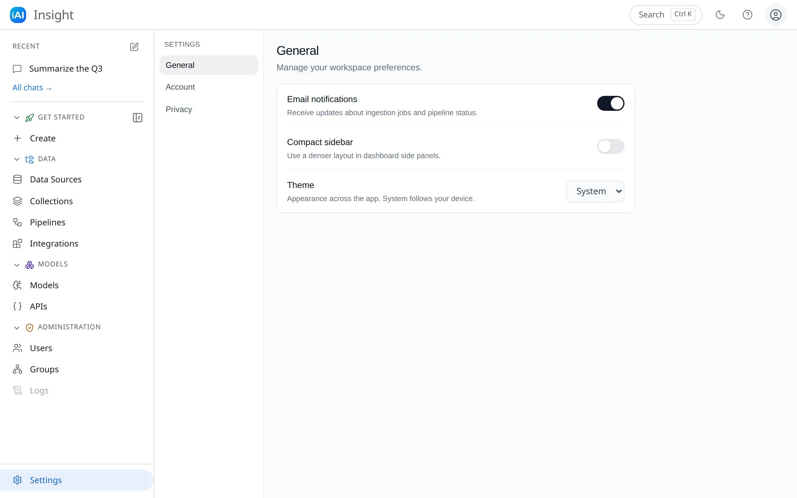The Settings page on the General section, with toggles for Email notifications and Compact sidebar, and the Theme selector
